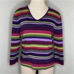 Talbots Striped V-Neck 3/4 Sleeve Sweater Size Purple Green Petite Small